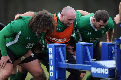 04.02.10 - Wales Rugby Training -  Adam Jones, Gareth Williams and Paul James on the scrum machine during training. 