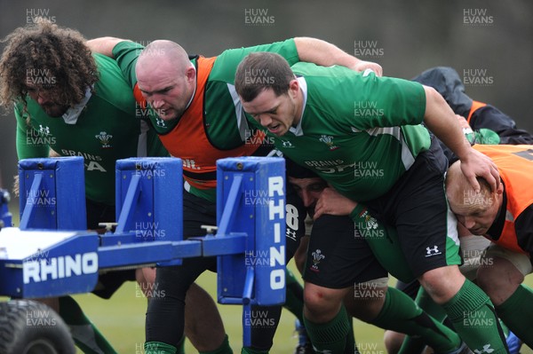 04.02.10 - Wales Rugby Training -  Adam Jones, Gareth Williams and Paul James on the scrum machine during training. 