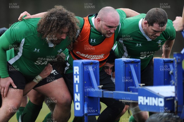 04.02.10 - Wales Rugby Training -  Adam Jones, Gareth Williams and Paul James on the scrum machine during training. 