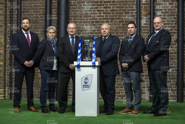 220120 - 2020 Guinness Six Nations Launch - Women's Coaches  Chris Horsman of Wales, Annick Hayraud of France, Simon Middleton of England, Andrea Di Giandomenico of Italy, Adam Griggs of Ireland and Phillip Doyle of Scotland during the 2020 Guinness Six Nations Launch at Tobacco Dock, London