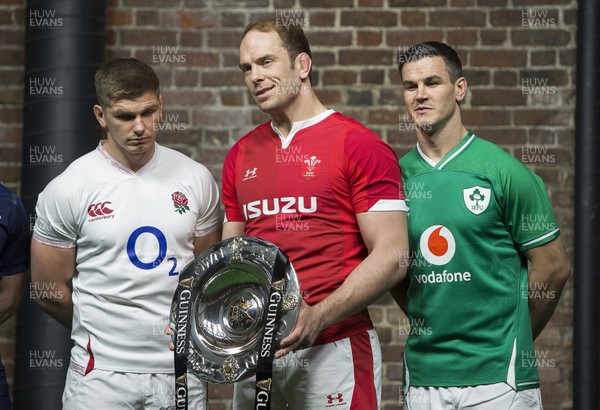 220120 - 2020 Guinness Six Nations Launch - Alun Wyn Jones of Wales talks to Owen Farrell of England and Jonathan Sexton of Ireland during the 2020 Guinness Six Nations Launch at Tobacco Dock, London