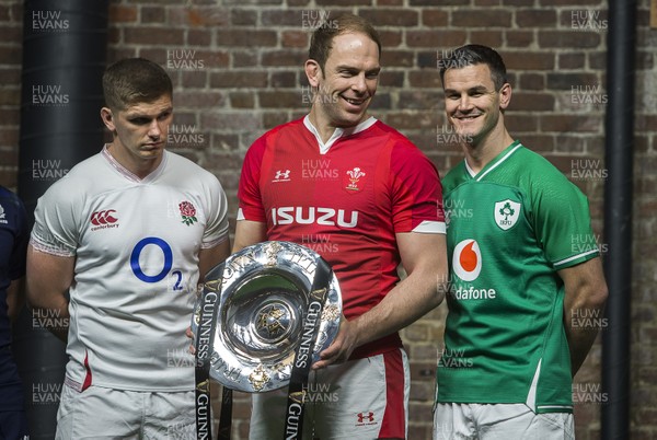 220120 - 2020 Guinness Six Nations Launch - Alun Wyn Jones of Wales talks to Owen Farrell of England and Jonathan Sexton of Ireland during the 2020 Guinness Six Nations Launch at Tobacco Dock, London