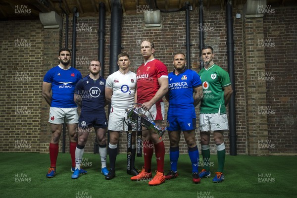 220120 - 2020 Guinness Six Nations Launch - Charles Ollivon of France, Stuart Hogg of Scotland, Owen Farrell of England, Alun Wyn Jones of Wales, Luca Bigi of Italy and Jonathan Sexton of Ireland during the 2020 Guinness Six Nations Launch at Tobacco Dock, London