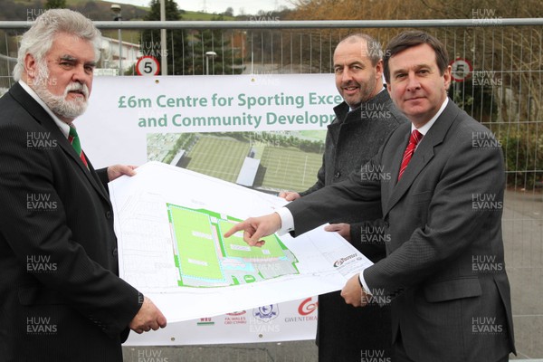 23.01.12 - Launch of six million pound Centre for Sporting Excellence, Ystrad Mynach -  Chief Executive of the Welsh Rugby Union Roger Lewis(rt) and Cllr Allan Pritchard(lt) leader of Caerphilly Council with Joe Lydon(centre) Head of Rugby Performance and Development with the WRU at the site of the proposed new development. 