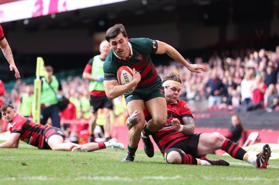 190426 - Aberavon Quins v Clwb Rygbi Cymry Caerdydd, Mens Division 2 Cup - Tomos Jones of CRCC is tackled just short of the line