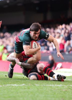 190426 - Aberavon Quins v Clwb Rygbi Cymry Caerdydd, Mens Division 2 Cup - Tomos Jones of CRCC is tackled just short of the line