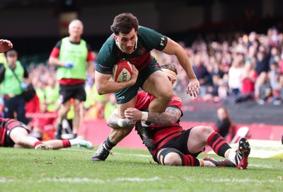 190426 - Aberavon Quins v Clwb Rygbi Cymry Caerdydd, Mens Division 2 Cup - Tomos Jones of CRCC is tackled just short of the line
