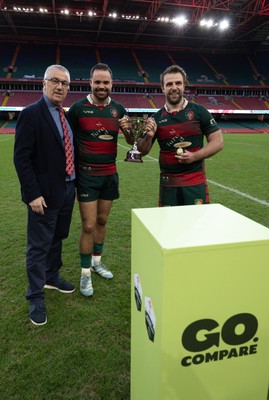 190426 - Aberavon Quins v Clwb Rygbi Cymry Caerdydd, Mens Division 2 Cup - Clwb Rygbi Cymry Caerdydd co captains, Cai Hayes and Harry Moyle are receive the trophy from Geraint John, WRU Community Director