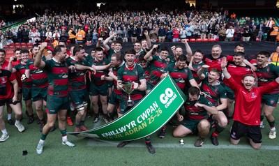 190426 - Aberavon Quins v Clwb Rygbi Cymry Caerdydd, Mens Division 2 Cup - Clwb Rygbi Cymry Caerdydd co captains, Cai Hayes and Harry Moyle lift the trophy with the team