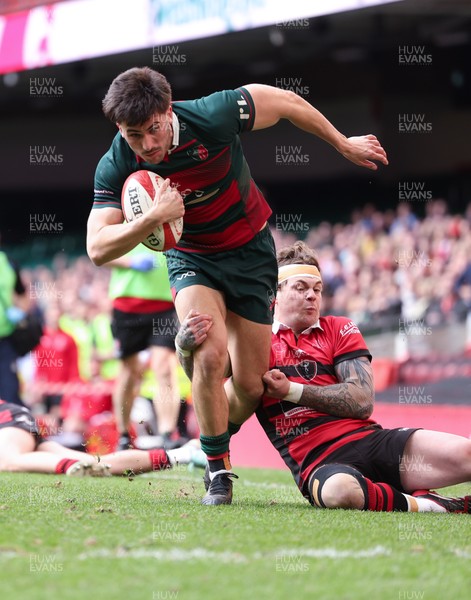 190426 - Aberavon Quins v Clwb Rygbi Cymry Caerdydd, Mens Division 2 Cup - Tomos Jones of CRCC is tackled just short of the line
