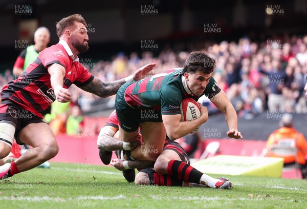 190426 - Aberavon Quins v Clwb Rygbi Cymry Caerdydd, Mens Division 2 Cup - Tomos Jones of CRCC is tackled just short of the line