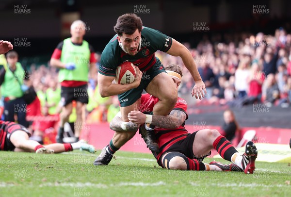 190426 - Aberavon Quins v Clwb Rygbi Cymry Caerdydd, Mens Division 2 Cup - Tomos Jones of CRCC is tackled just short of the line