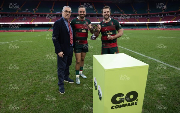 190426 - Aberavon Quins v Clwb Rygbi Cymry Caerdydd, Mens Division 2 Cup - Clwb Rygbi Cymry Caerdydd co captains, Cai Hayes and Harry Moyle are receive the trophy from Geraint John, WRU Community Director