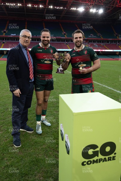 190426 - Aberavon Quins v Clwb Rygbi Cymry Caerdydd, Mens Division 2 Cup - Clwb Rygbi Cymry Caerdydd co captains, Cai Hayes and Harry Moyle are receive the trophy from Geraint John, WRU Community Director
