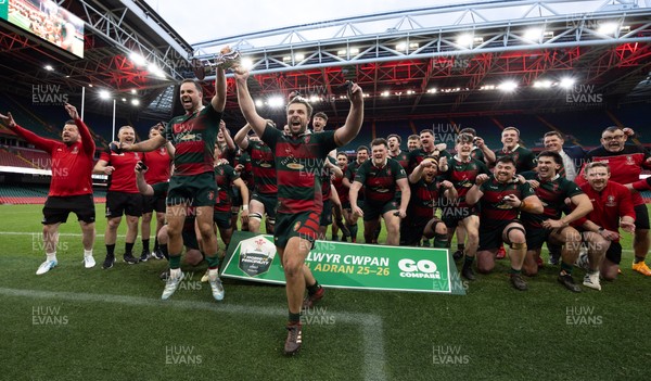 190426 - Aberavon Quins v Clwb Rygbi Cymry Caerdydd, Mens Division 2 Cup - Clwb Rygbi Cymry Caerdydd co captains, Cai Hayes and Harry Moyle lift the trophy with the team