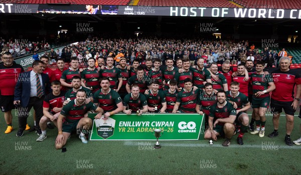 190426 - Aberavon Quins v Clwb Rygbi Cymry Caerdydd, Mens Division 2 Cup - Clwb Rygbi Cymry Caerdydd co captains, Cai Hayes and Harry Moyle lift the trophy with the team
