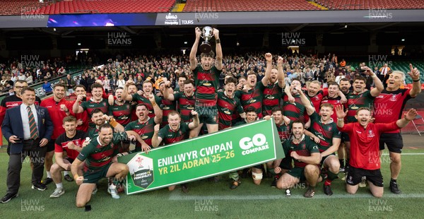 190426 - Aberavon Quins v Clwb Rygbi Cymry Caerdydd, Mens Division 2 Cup - Clwb Rygbi Cymry Caerdydd co captains, Cai Hayes and Harry Moyle lift the trophy with the team