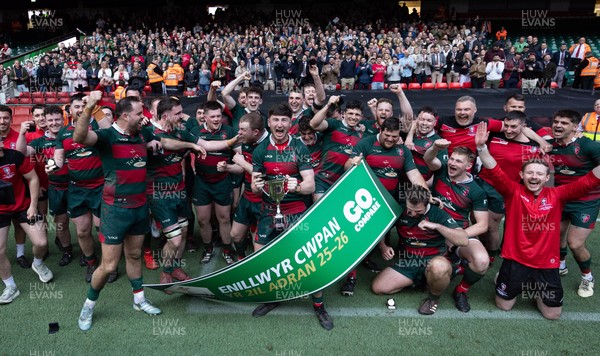 190426 - Aberavon Quins v Clwb Rygbi Cymry Caerdydd, Mens Division 2 Cup - Clwb Rygbi Cymry Caerdydd co captains, Cai Hayes and Harry Moyle lift the trophy with the team