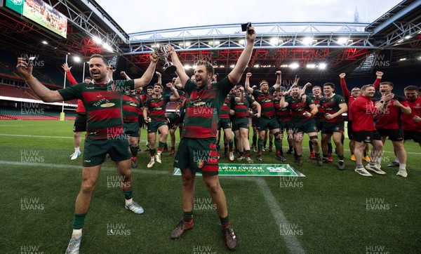 190426 - Aberavon Quins v Clwb Rygbi Cymry Caerdydd, Mens Division 2 Cup - Clwb Rygbi Cymry Caerdydd co captains, Cai Hayes and Harry Moyle lift the trophy with the team