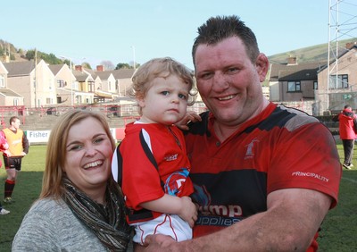 250212 Aberavon RFC v Newport RFC - Principality Premiership -Aberavon's Richard Morris celebrates with his family following his 500th appearance for the club 