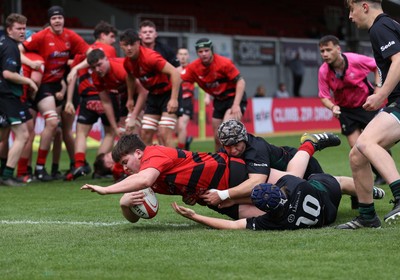 050525 - Abercynon v Llantrisant - U18 Shield Final - Boys U18s Finals Day - Kian Cadogan of Abercynon scores a try