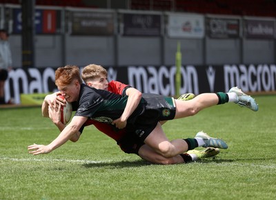 050525 - Abercynon v Llantrisant - U18 Shield Final - Boys U18s Finals Day - Regan Young of Llantrisant scores a try