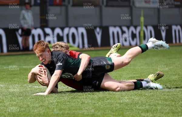 050525 - Abercynon v Llantrisant - U18 Shield Final - Boys U18s Finals Day - Regan Young of Llantrisant scores a try