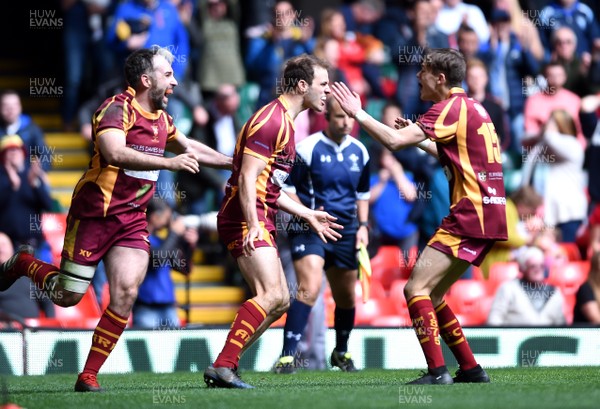 280419 - Abergavenny v Oakdale - WRU National Bowl Final - Anthony Squire of Abergavenny celebrates scoring the match winning try with Joe Evans and Nathan Williams