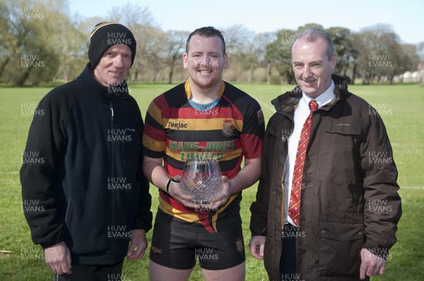 270413 - Abergele v Denbigh, SWALEC League 2 North -Denbigh RFC celebrate winning the Swalec League 2 North Pictured are with the trophy are Team Manager Bob Sulley, Club Captain Dan Jones and WRU Representative Alwyn Jones