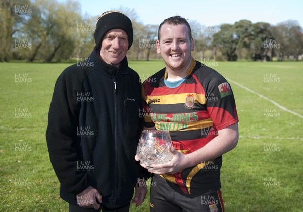 270413 - Abergele v Denbigh, SWALEC League 2 North -Denbigh RFC celebrate winning the Swalec League 2 North Pictured are with the trophy are Team Manager Bob Sulley and Club Captain Dan Jones