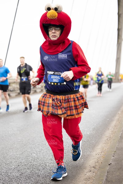 160423 - ABP Newport Wales Marathon and 10K - Runner in an Elmo costume crosses the Newport Southern Distributor Bridge 