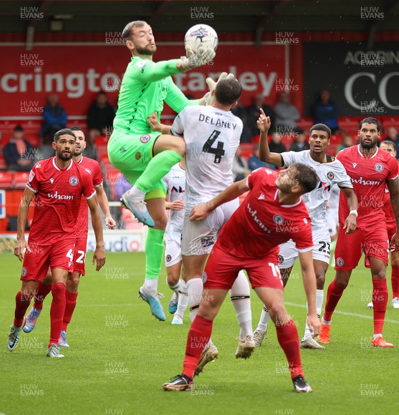 050823 - Accrington Stanley v Newport County - Sky Bet League 2 - Goalkeeper Toby Savin of Accrington Stanley saves from Ryan Delaney of Newport County