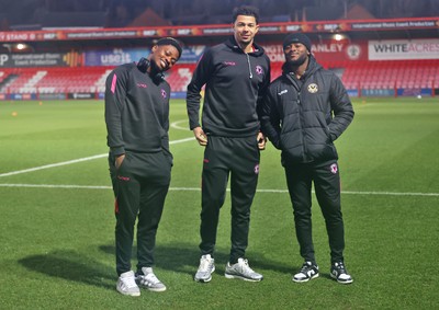 110325 - Accrington Stanley v Newport County - Sky Bet League 2 - David Ajiboye of Newport Jayden Warner of Newport and Bobby Kamwa of Newport