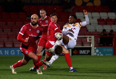 110325 - Accrington Stanley v Newport County - Sky Bet League 2 - Bobby Kamwa of Newport has his shot blocked