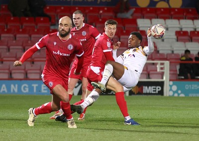 110325 - Accrington Stanley v Newport County - Sky Bet League 2 - Bobby Kamwa of Newport has his shot blocked and on the rebound