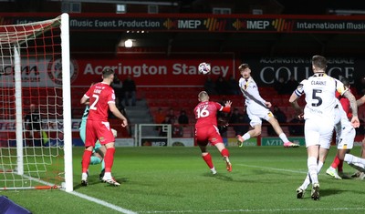 110325 - Accrington Stanley v Newport County - Sky Bet League 2 - Michael Spellman of Newport header goes wide of target