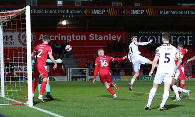 110325 - Accrington Stanley v Newport County - Sky Bet League 2 - Michael Spellman of Newport header goes wide of target