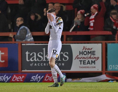 110325 - Accrington Stanley v Newport County - Sky Bet League 2 - Joe Thomas of Newport has head in shirt at the end of the match