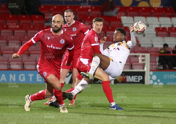 110325 - Accrington Stanley v Newport County - Sky Bet League 2 - Bobby Kamwa of Newport has his shot blocked and on the rebound