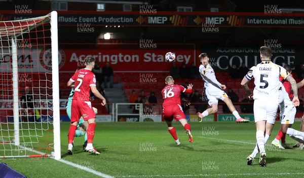 110325 - Accrington Stanley v Newport County - Sky Bet League 2 - Michael Spellman of Newport header goes wide of target