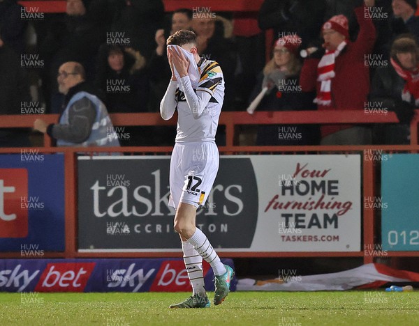 110325 - Accrington Stanley v Newport County - Sky Bet League 2 - Joe Thomas of Newport has head in shirt at the end of the match