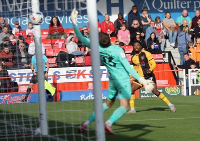 111025 - Accrington Stanley v Newport County - Sky Bet League 2 - Bobby Kamwa of Newport scores the 1st goal past Goalkeeper Olly Wright of Accrington