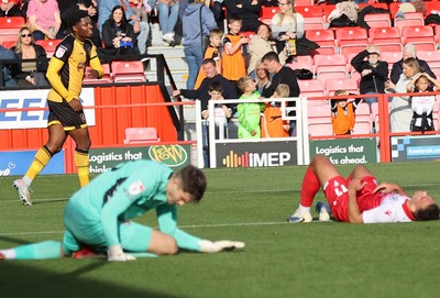 111025 - Accrington Stanley v Newport County - Sky Bet League 2 - Bobby Kamwa of Newport scores the 1st goal past Goalkeeper Olly Wright of Accrington leaving him and Isaac Sinclair of Accrington floored