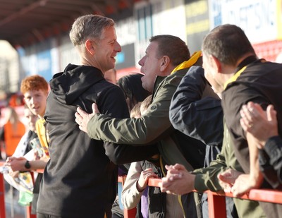 111025 - Accrington Stanley v Newport County - Sky Bet League 2 - Newport manager David Hughes greets the fans at the end of the match 