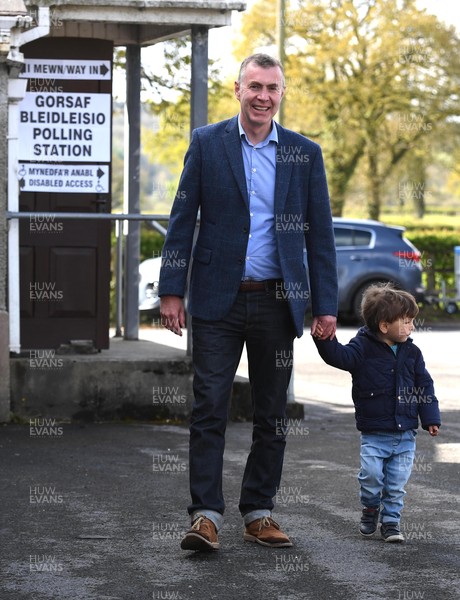 060521 -  Plaid Cymru leader Adam Price after voting in the Senedd election with his son at his local polling station Pontargothi Memorial Hall, Pontargothi, Carmarthen