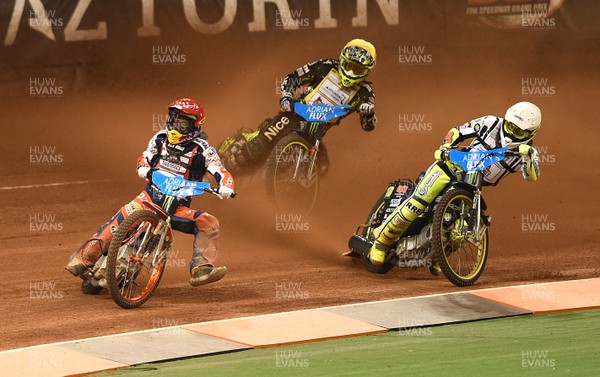 220717 - Adrian Flux British FIM Speedway Grand Prix 2017 - Emil Sayfutdinov (red),  Craig Cook (white) and Antonio Lindback (yellow) during heats