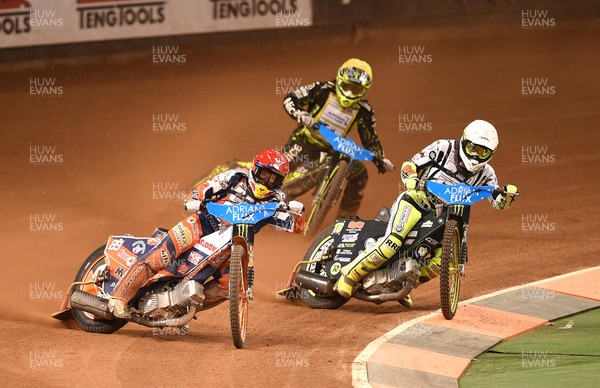 220717 - Adrian Flux British FIM Speedway Grand Prix 2017 - Emil Sayfutdinov (red),  Craig Cook (white) and Antonio Lindback (yellow) during heats