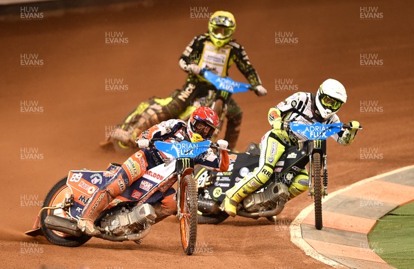 220717 - Adrian Flux British FIM Speedway Grand Prix 2017 - Emil Sayfutdinov (red),  Craig Cook (white) and Antonio Lindback (yellow) during heats