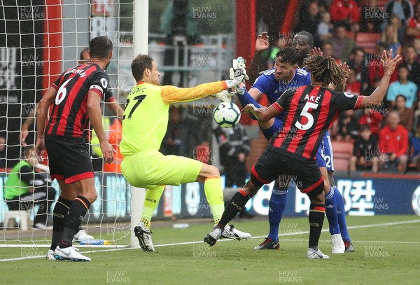 110818 - AFC Bournemouth v Cardiff City, Premier League - Sean Morrison of Cardiff City sees the ball blocked by Bournemouth goalkeeper Asmir Begovic as it goes towards goal