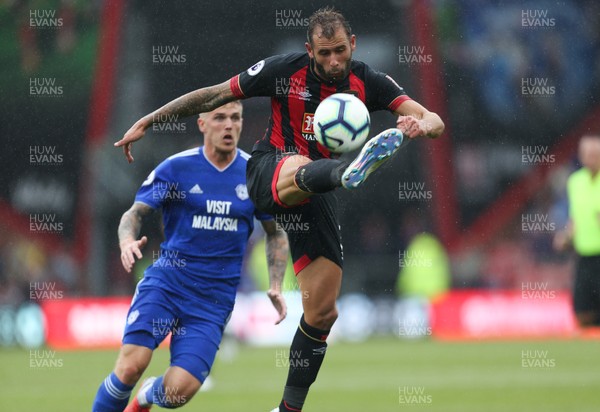 110818 - AFC Bournemouth v Cardiff City, Premier League - Steve Cook of Bournemouth clears as Danny Ward of Cardiff City closes in